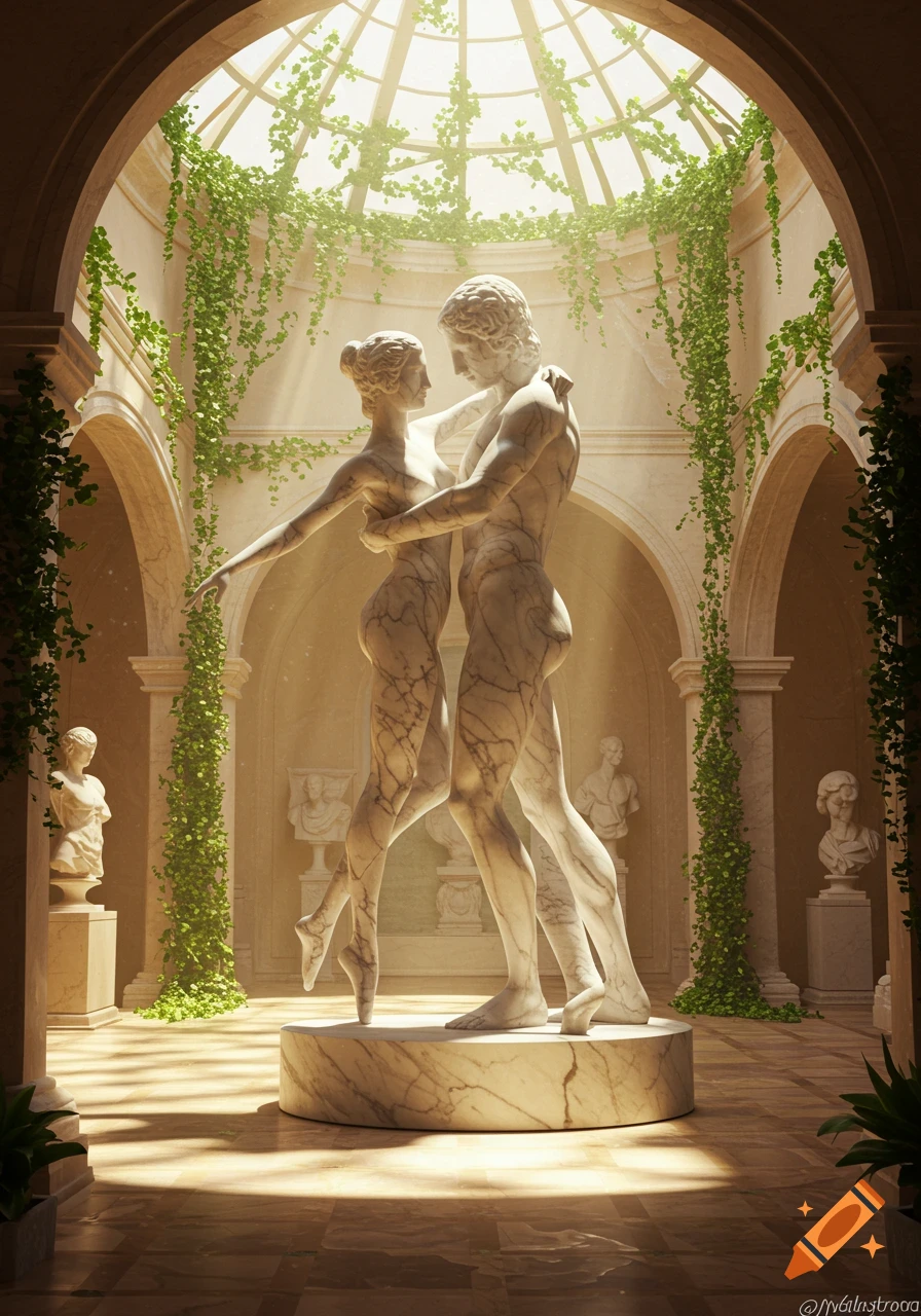 Two embracing marble statues in a sunlit classical atrium with arched walkways and vines.