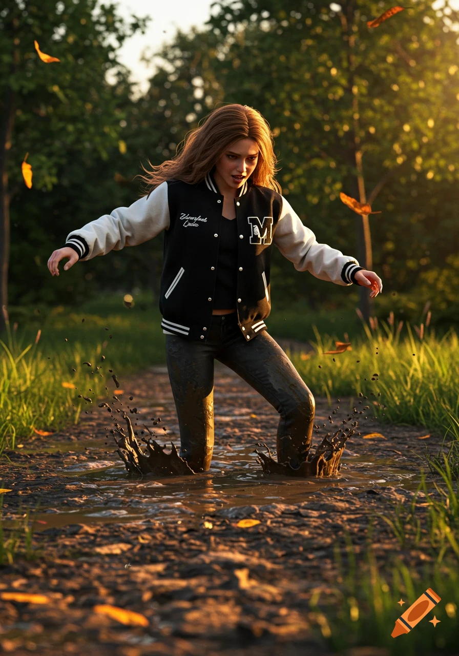 A teenage girl in a varsity jacket and jeans stands in a muddy path, splashing mud.