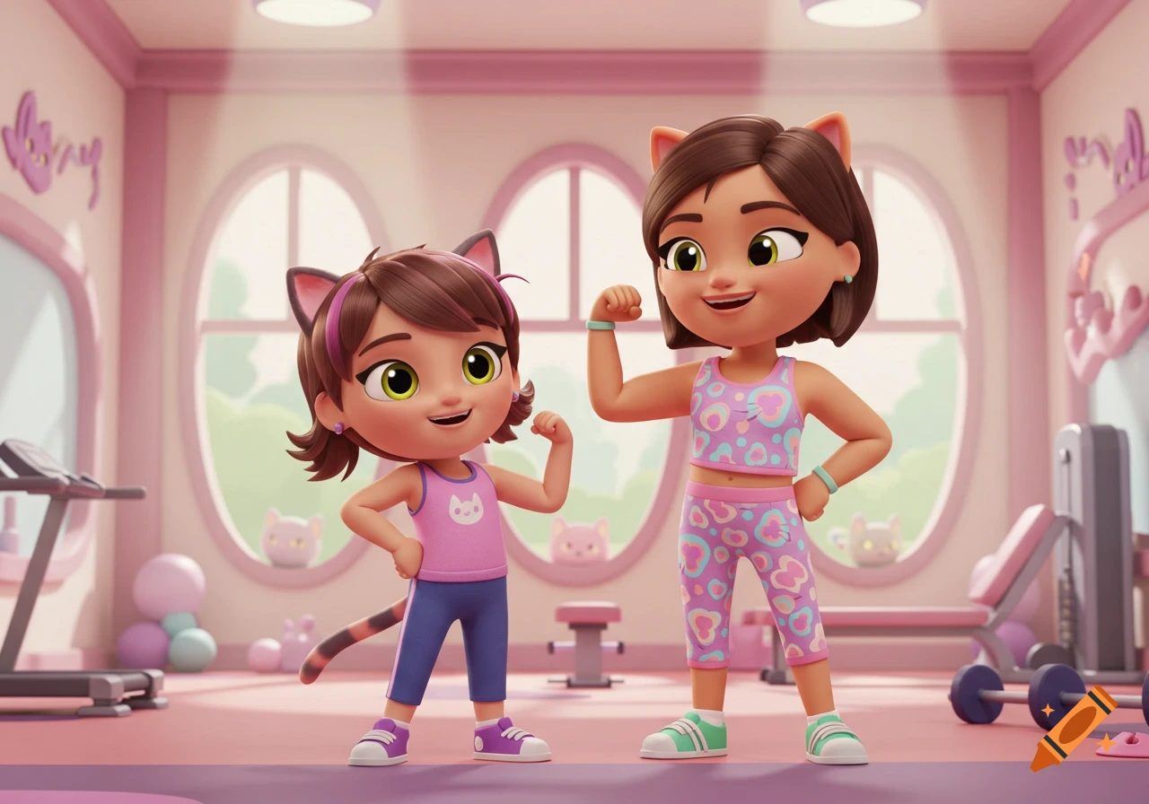 Two cartoon girls with cat ears, one older and one younger, flex their muscles in a pink and white gym with exercise equipment.