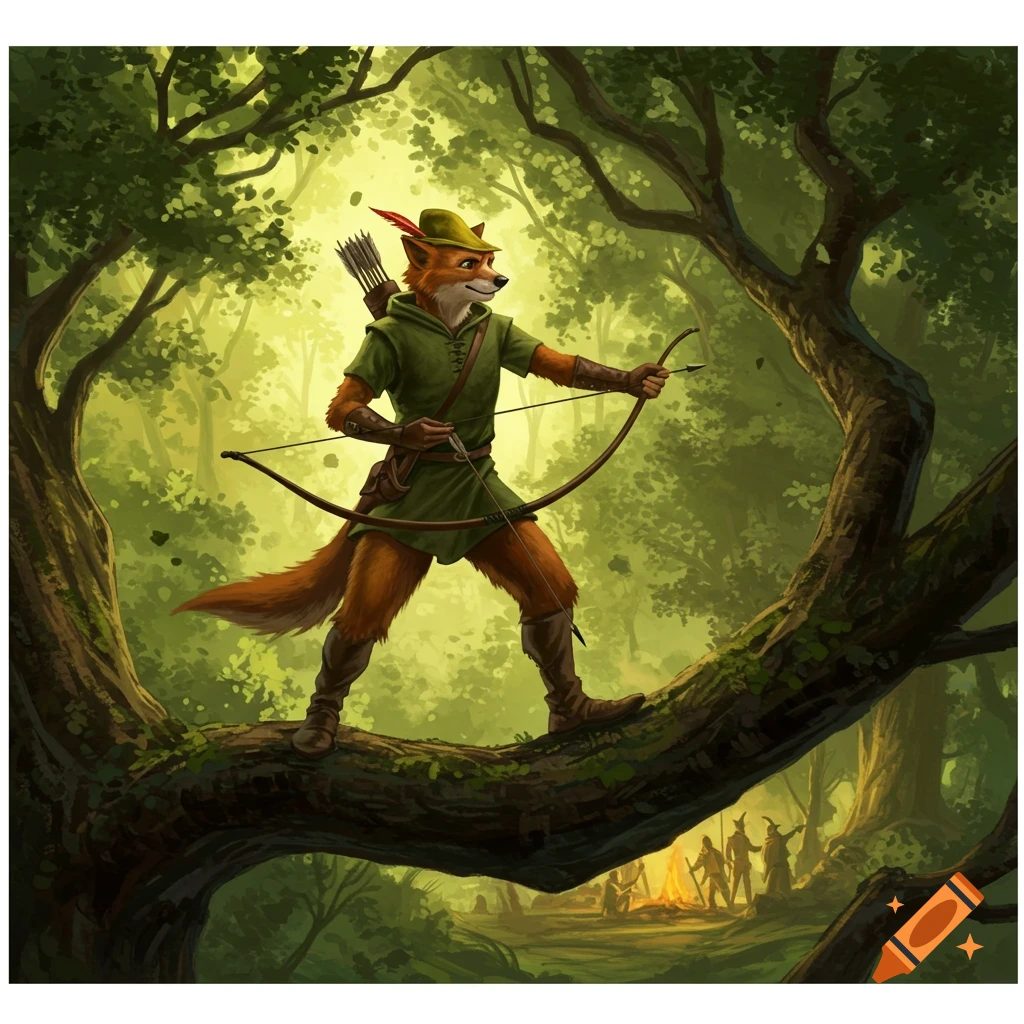 An anthropomorphic fox dressed as Robin Hood, holding a bow and arrow, stands on a tree branch in a sunlit forest.