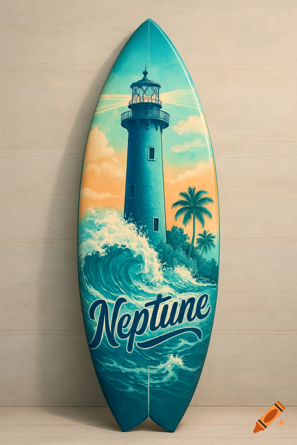 Vibrant surfboard with a lighthouse, waves, and palm trees illustration, featuring 'Neptune' in script.
