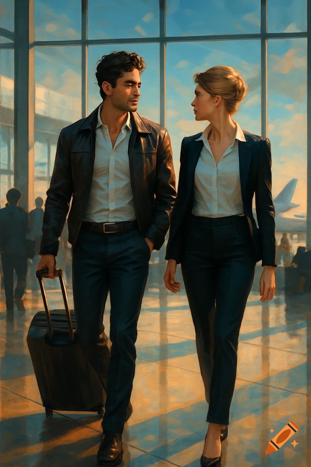 A man in a leather jacket and a woman in a suit walk through a sunlit airport terminal, looking at each other, with an airplane visible outside.