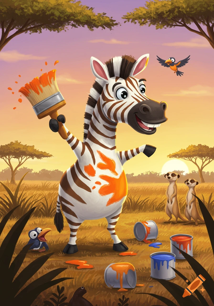 A happy cartoon zebra covered in orange paint holds a large paintbrush in a savanna landscape with meerkats and birds.