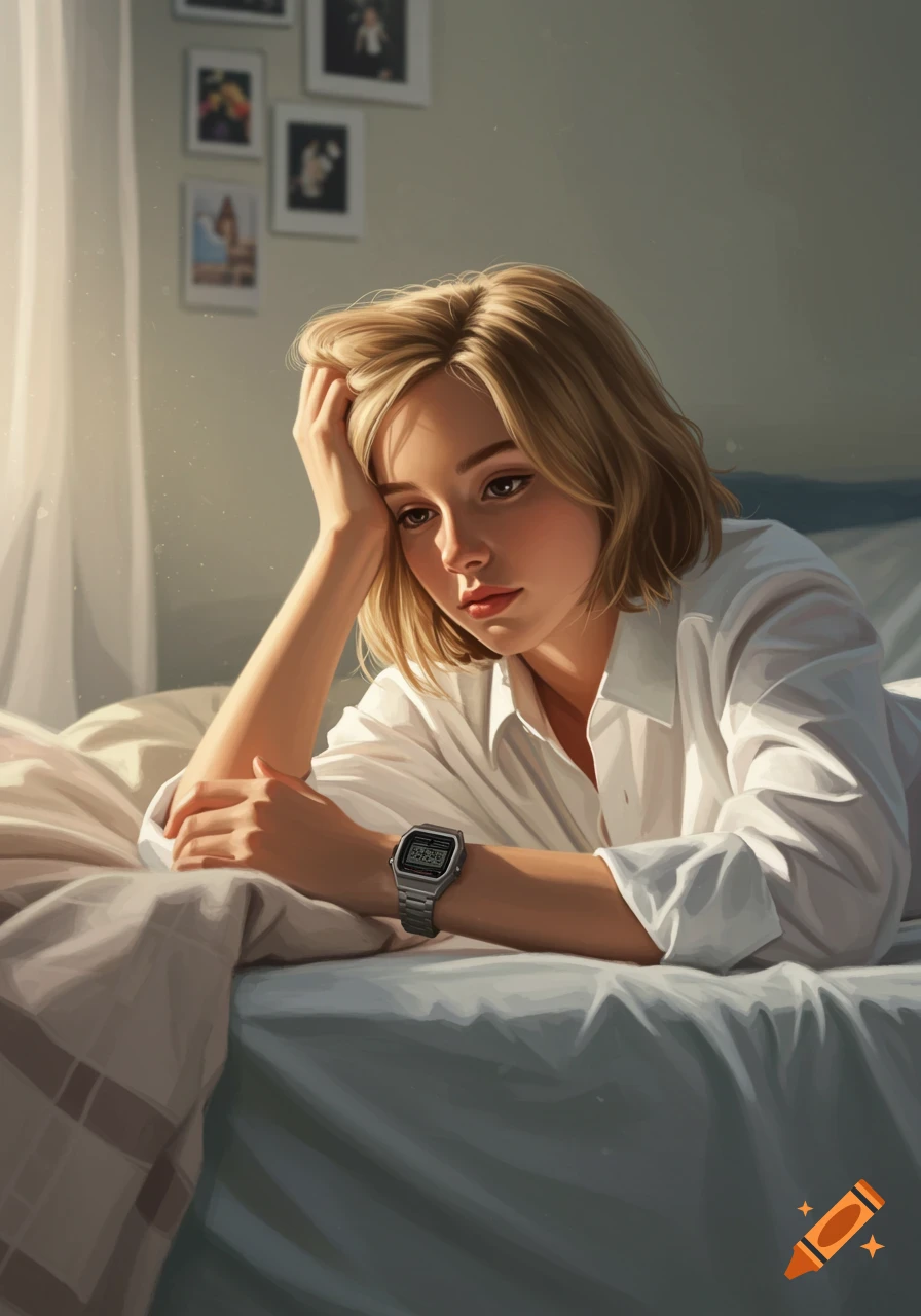 A woman with blonde hair, wearing a white shirt, lies on a bed, resting her head on her hand, looking contemplative. The room is softly lit by sunlight.