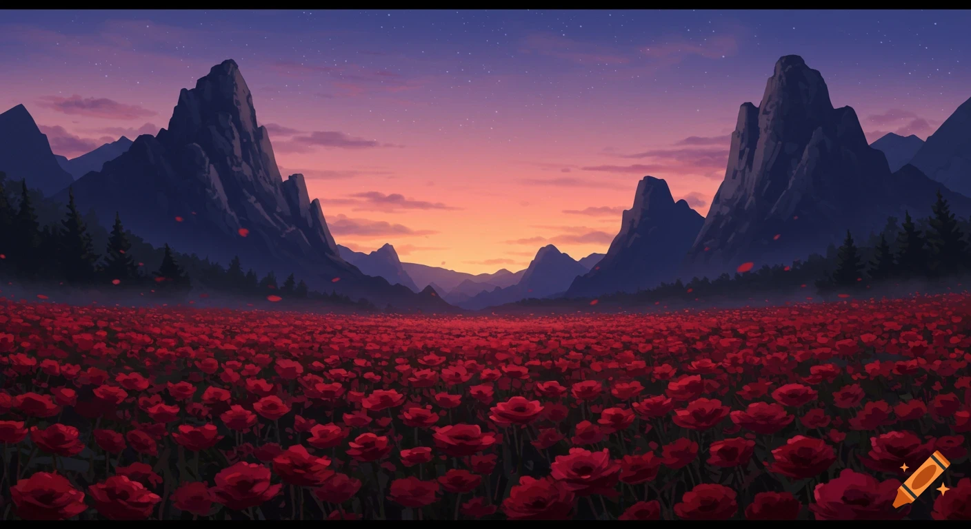 A vast field of red flowers stretches towards distant mountains under a dramatic sunset sky.