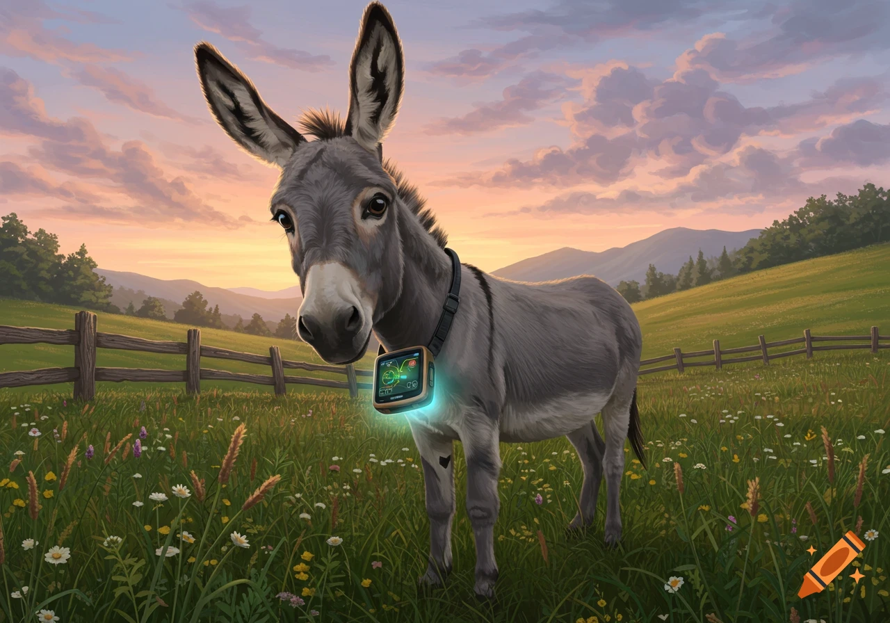 A gray donkey wearing a glowing GPS collar stands in a vibrant green meadow with wildflowers at sunset.
