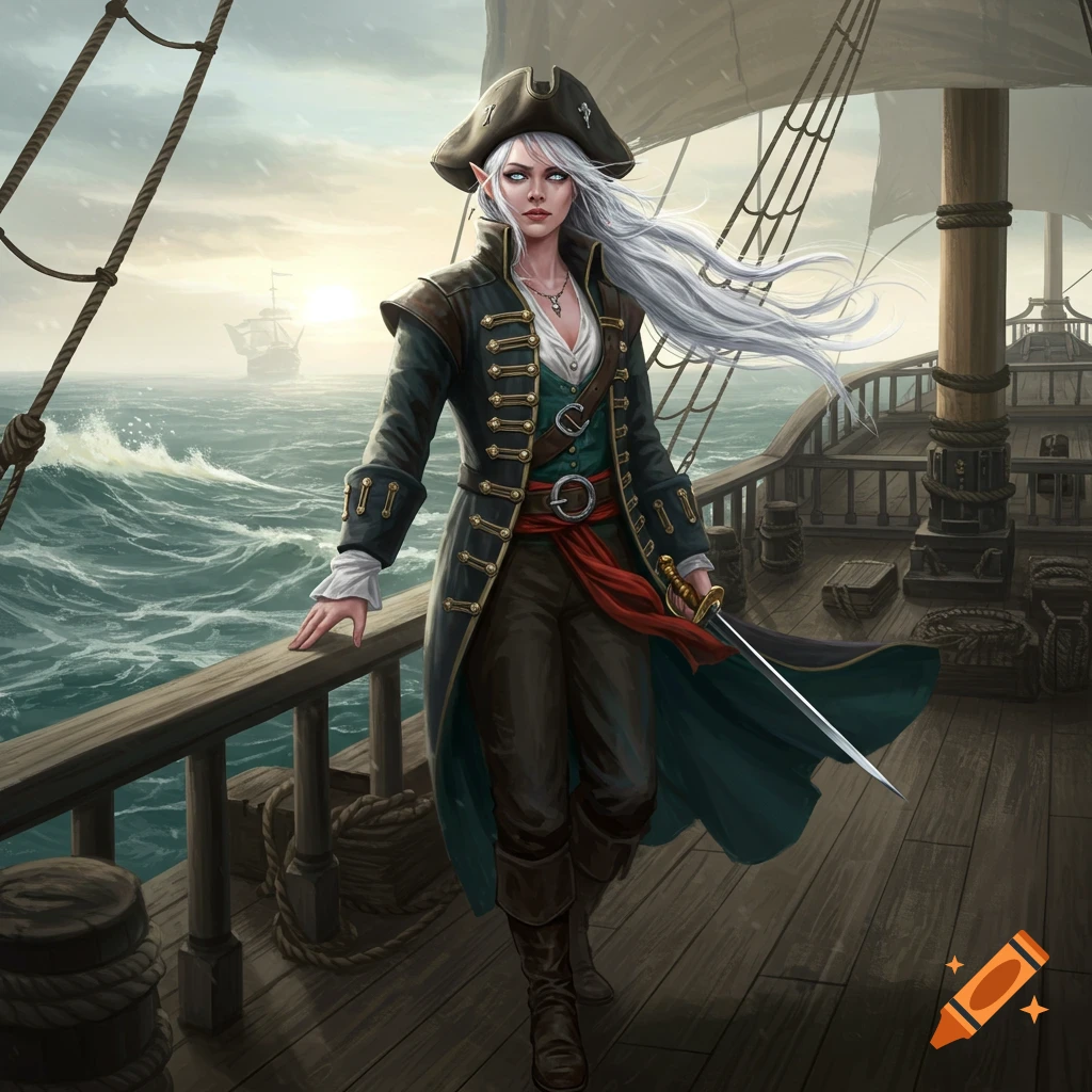An elf pirate woman with long white hair stands on the deck of a sailing ship with a sword, looking out over a stormy sea.