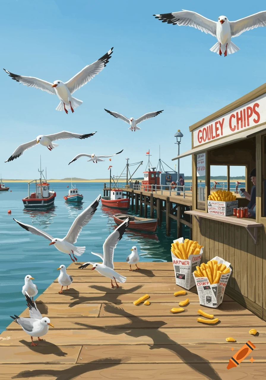 An illustration of seagulls flying around a seaside pier with fishing boats, a chips stand, and spilled fries.
