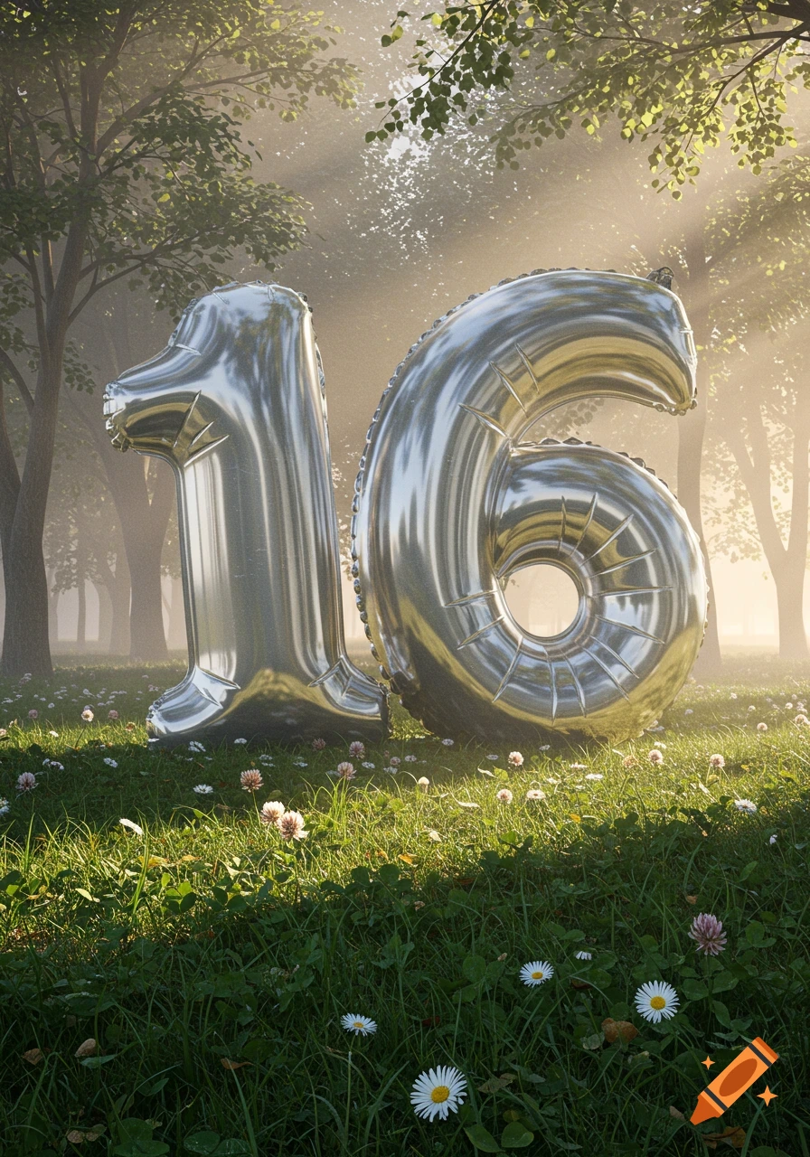 Two shiny silver number 16 balloons stand in a sunlit forest clearing with green grass and small flowers.