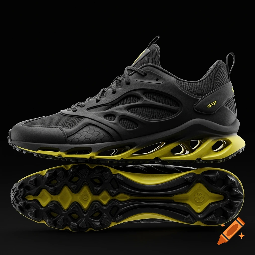 A stylish black and venomous yellow sneaker with an exoskeleton-like upper and textured sole, shown against a black background.