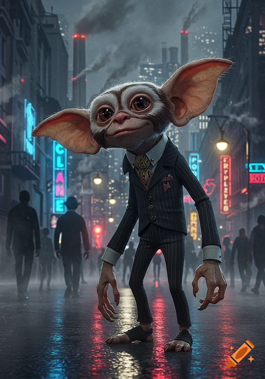 A well-dressed, gremlin-like creature with large ears and long limbs stands on a wet, neon-lit city street at night.