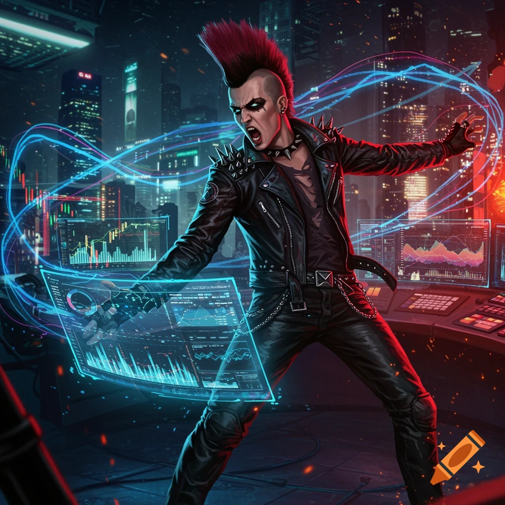 A cyber-punk character with a red mohawk and spiked leather jacket controls glowing holographic data screens in a futuristic city setting.