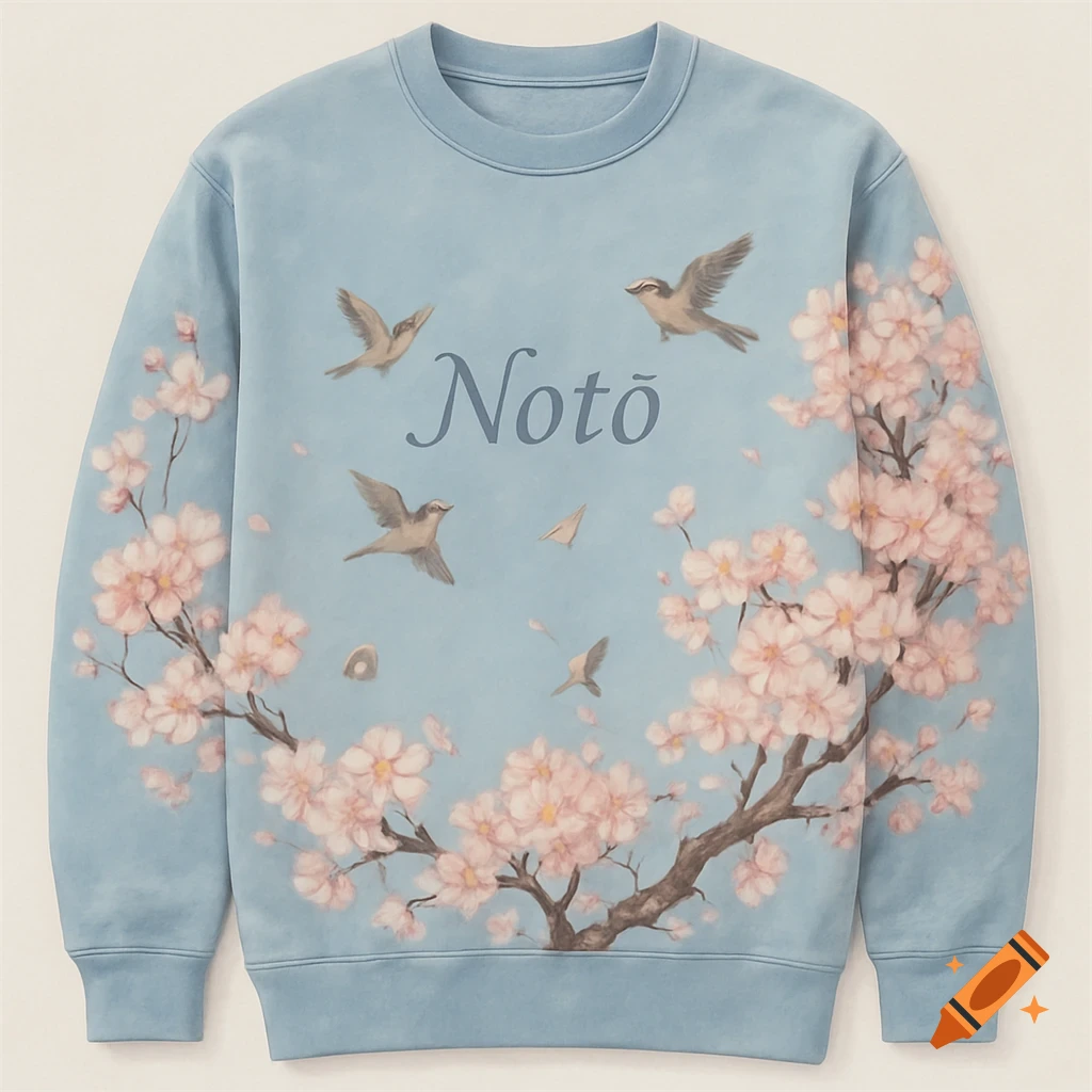 Light blue sweatshirt with pink cherry blossoms, flying birds, and the word 'Noto' on the front.