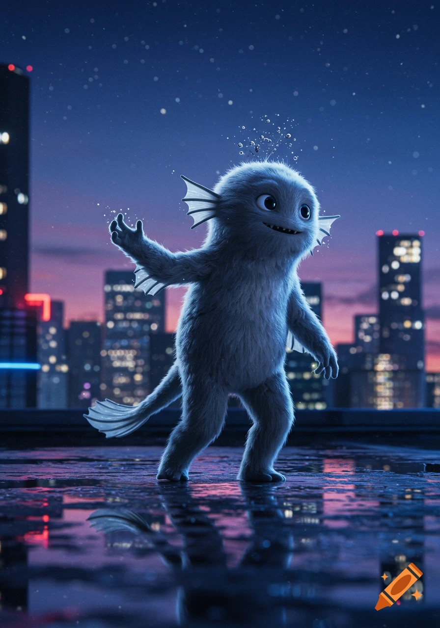 A fluffy grey monster with fins stands on a wet rooftop at night, water droplets around it, with a blurry city skyline in the background.