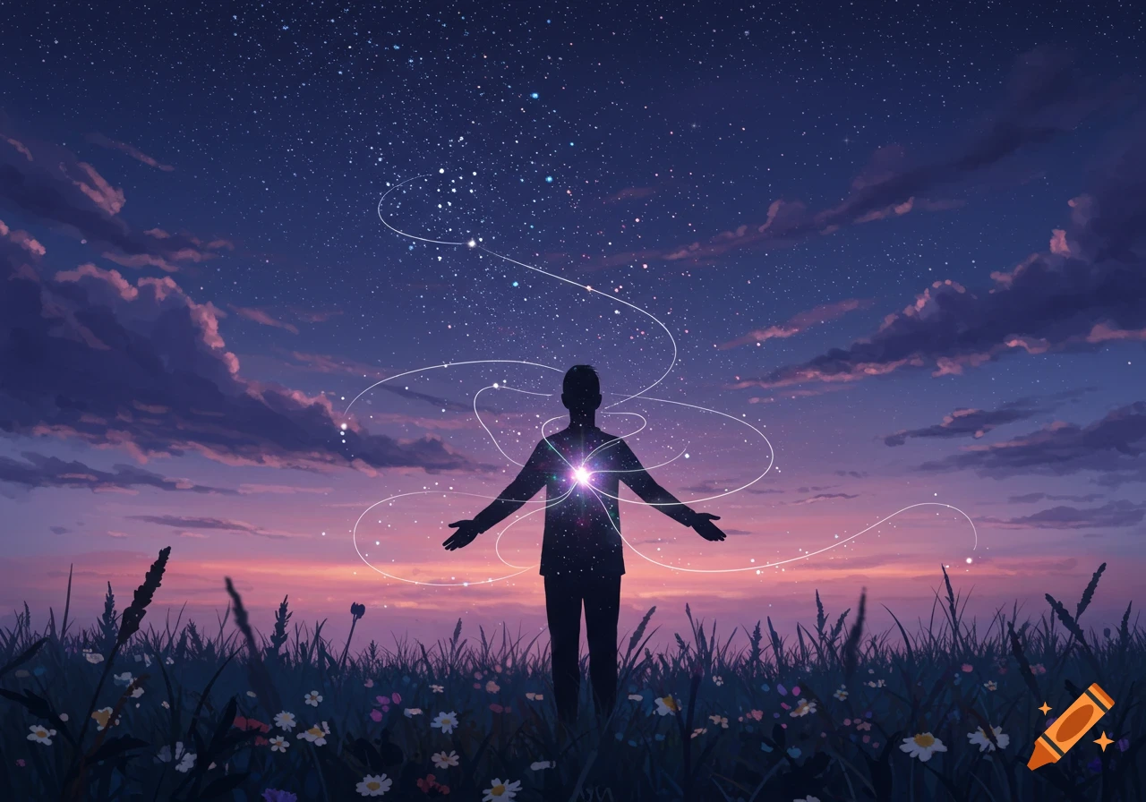 Silhouette of a person standing in a field under a starry, twilight sky with glowing light emanating from their chest and swirling stars.