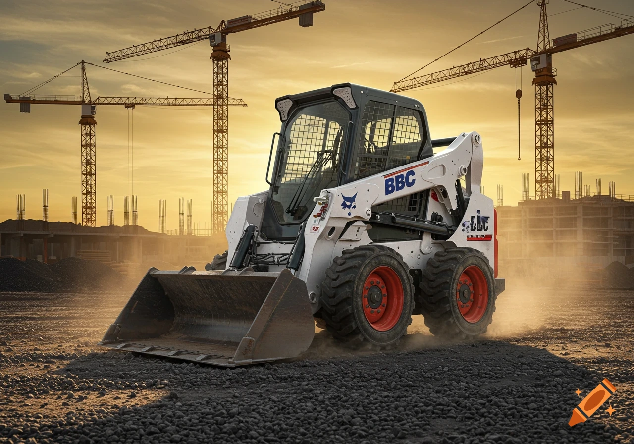 A white Bobcat skid-steer loader with a large front bucket kicks up dust on a gravel construction site with cranes against a sunset sky.