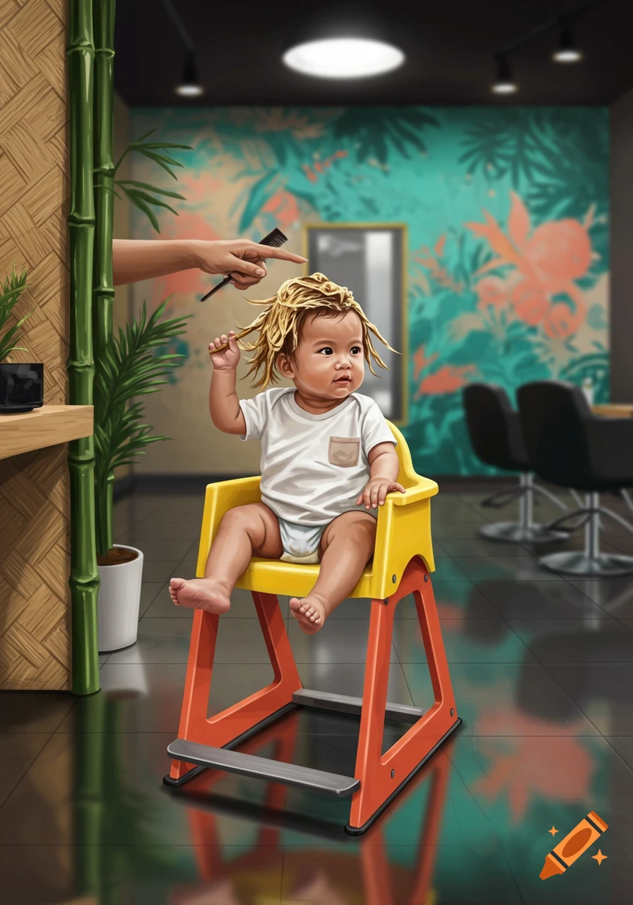An illustration of a toddler with messy blond hair sitting in a yellow salon chair as a hand combs it.
