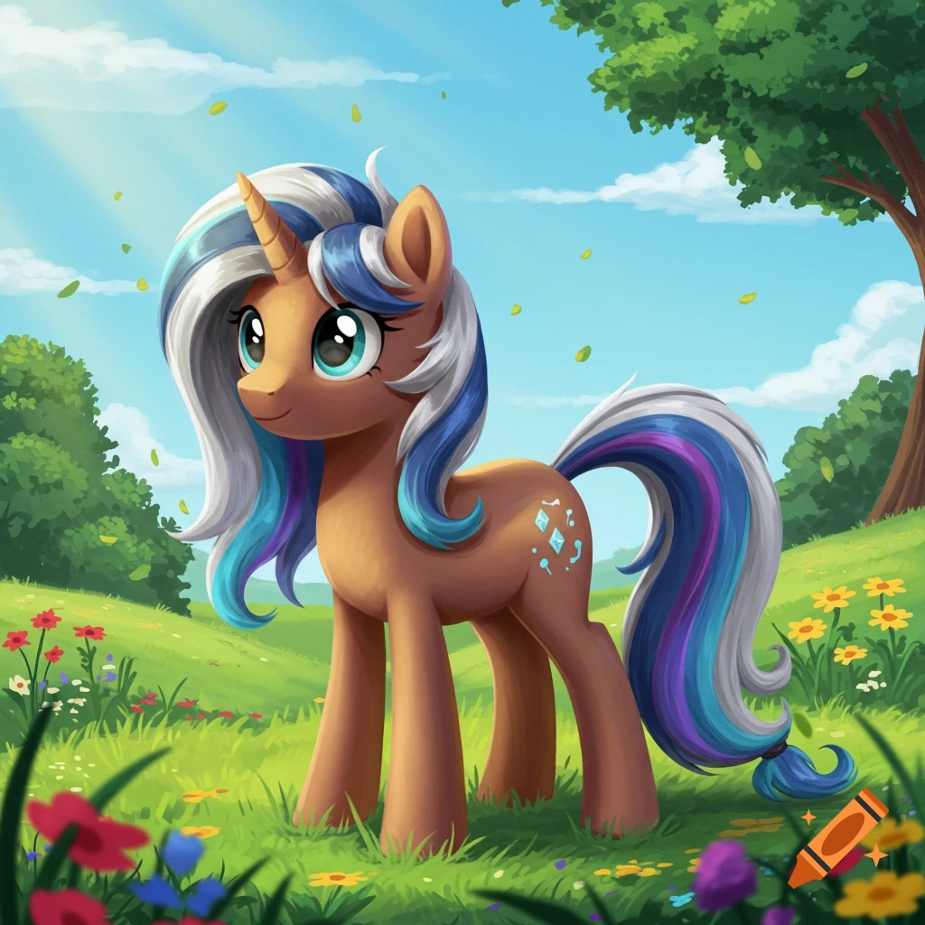 A cartoon brown unicorn with white, blue, and purple mane and tail stands in a green field with flowers under a blue sky.