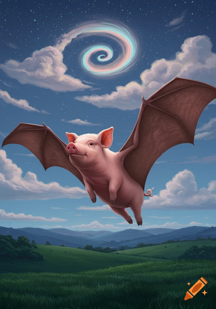 A cheerful pig with bat wings flies in a vibrant blue sky over green hills, with a rainbow spiral in the clouds.