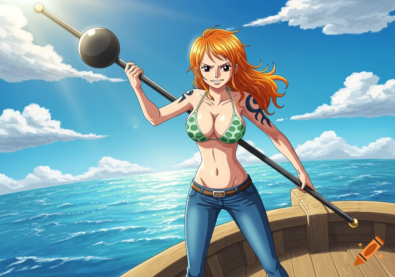 Nami from One Piece stands on a boat holding a staff, set against a blue sky with clouds and the ocean.