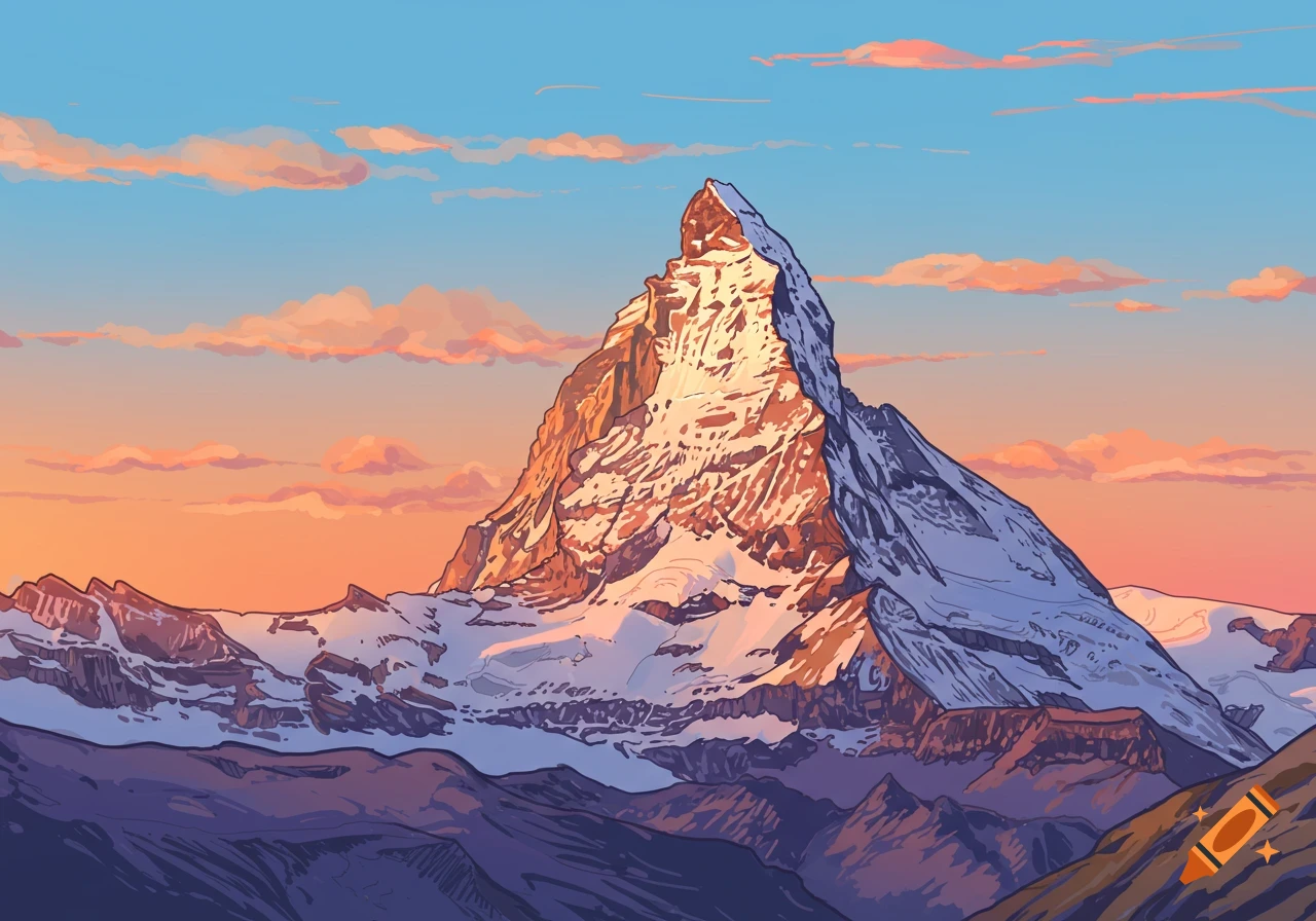 A hand-drawn illustration of a majestic, snow-capped mountain peak bathed in the warm light of a sunset, with orange and blue skies.