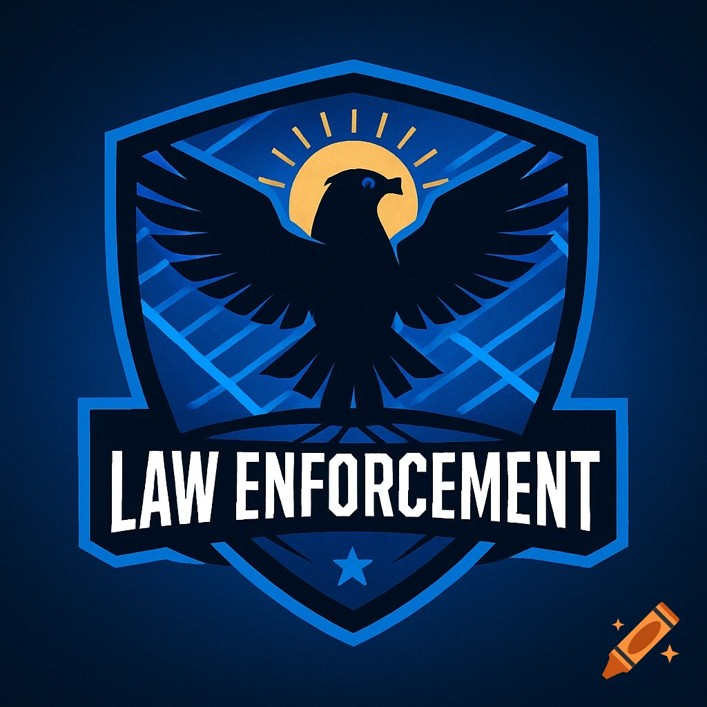 A blue and black shield logo featuring a black eagle silhouette, a yellow sun, and the text 'LAW ENFORCEMENT'.