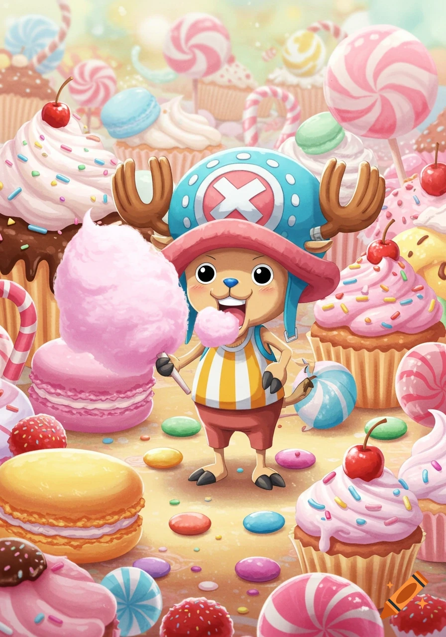 Tony Tony Chopper from One Piece eating cotton candy, surrounded by vibrant, colorful cupcakes, macarons, and candies.