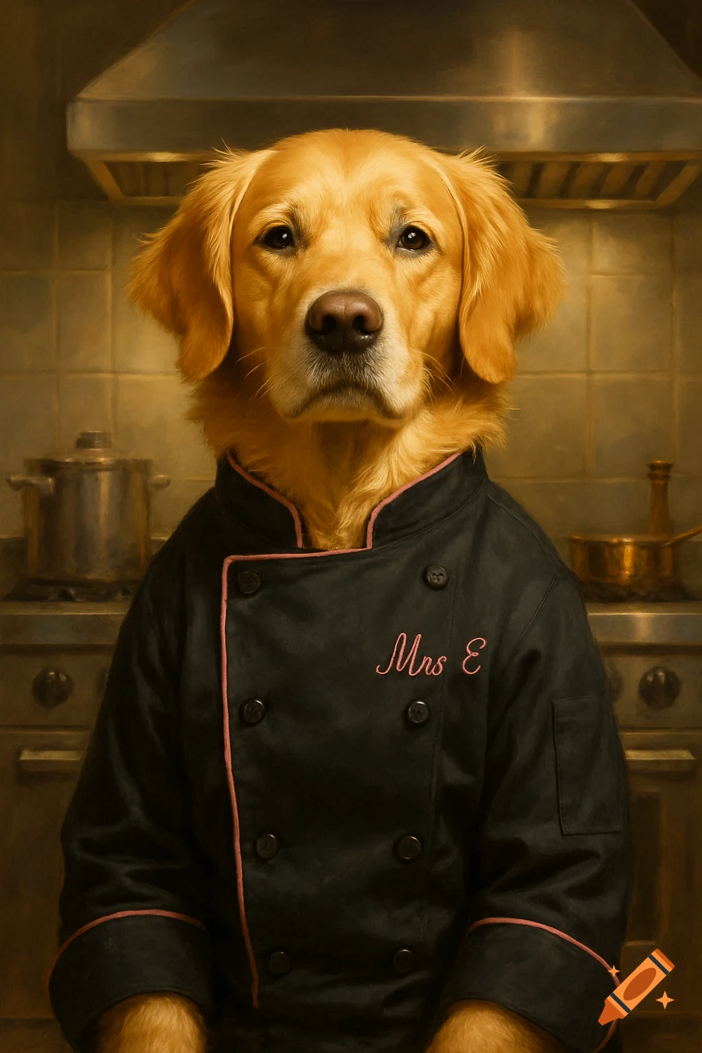 A photorealistic portrait of a golden retriever wearing a black chef jacket with pink trim and 'Mrs E' on the chest, in a kitchen.