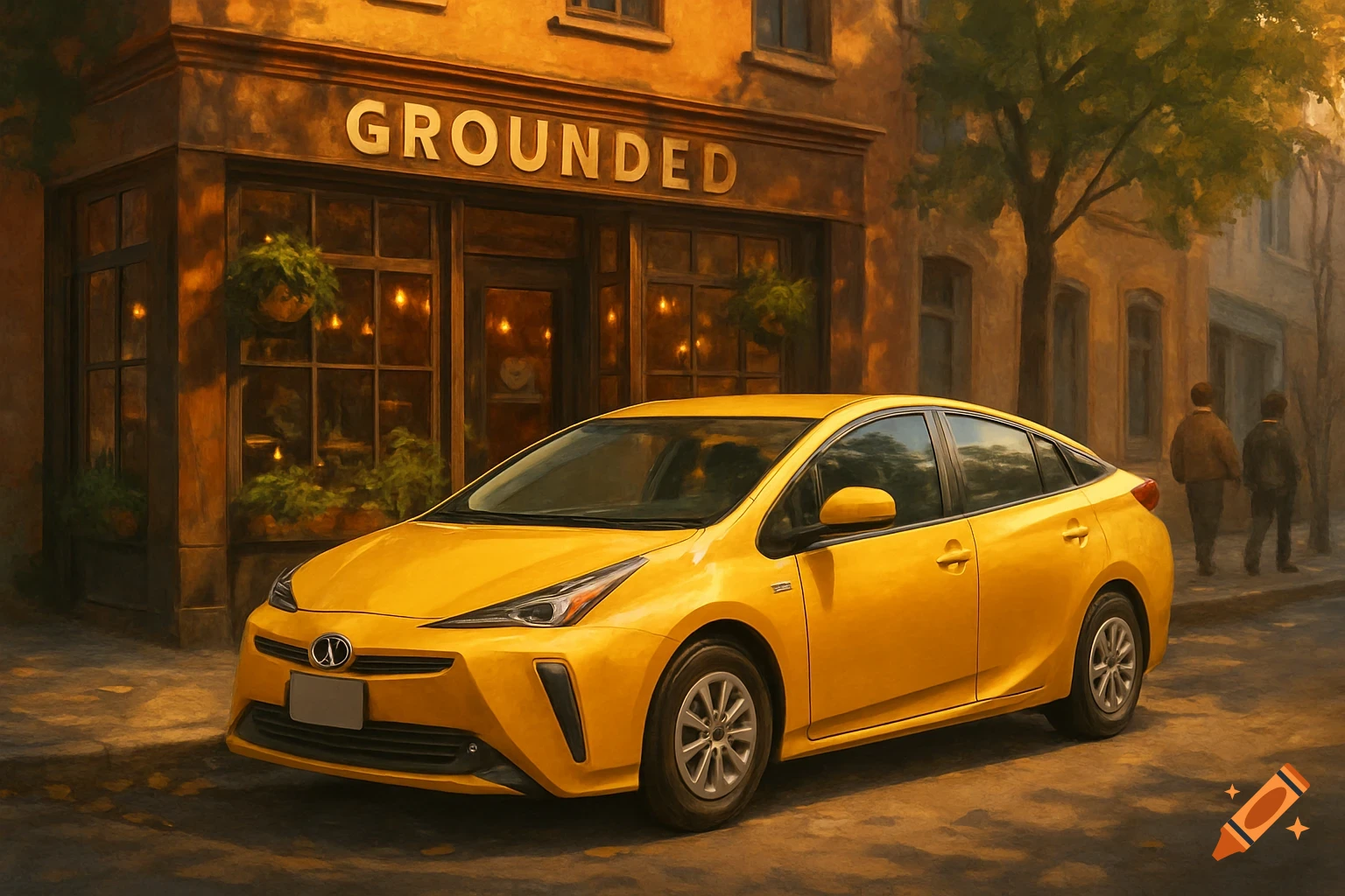 A vibrant yellow car, resembling a Toyota Prius, parked in front of a coffee shop named Grounded, depicted in a painterly style.