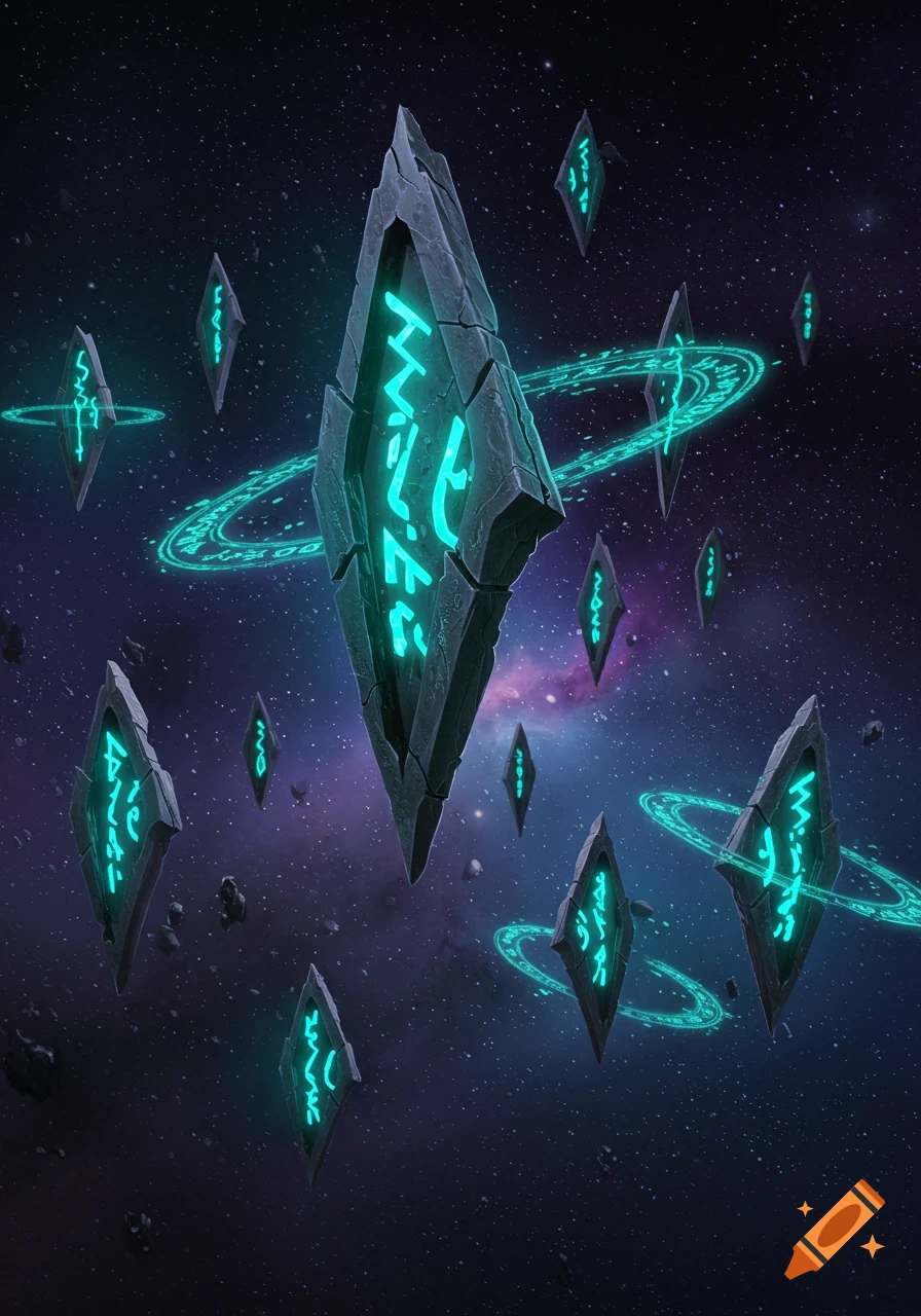 Glowing alien runes on floating dark crystals in space amidst stars and nebulae.