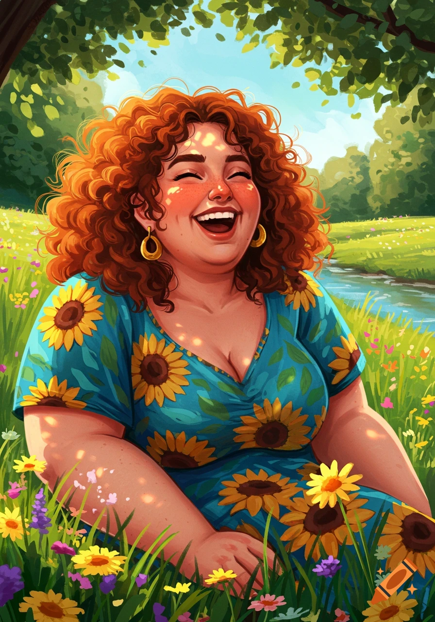 Vibrant illustration of a happy, curly-haired woman in a sunflower dress, laughing in a sunny field by a river.