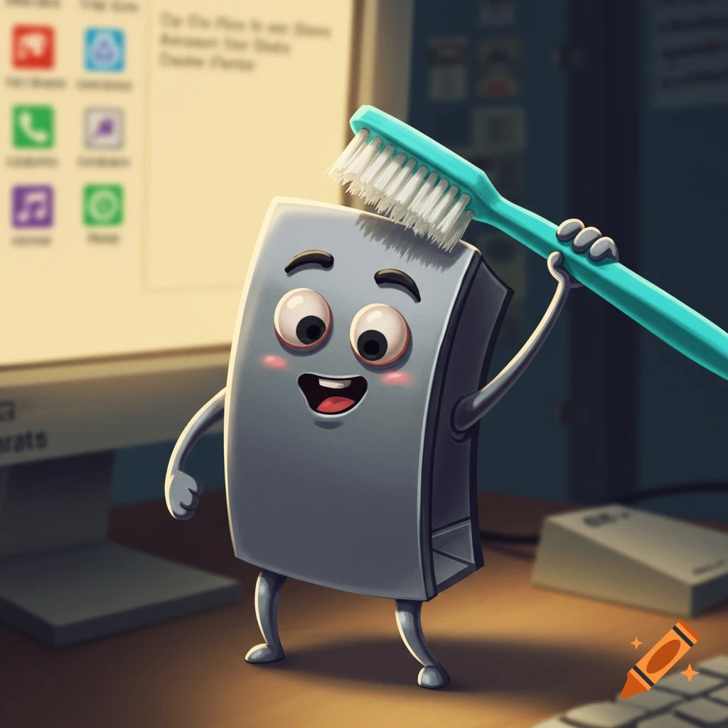 A cute cartoon paperclip character, Clippy, smiles as a blue toothbrush brushes its head in front of a computer monitor on a desk.