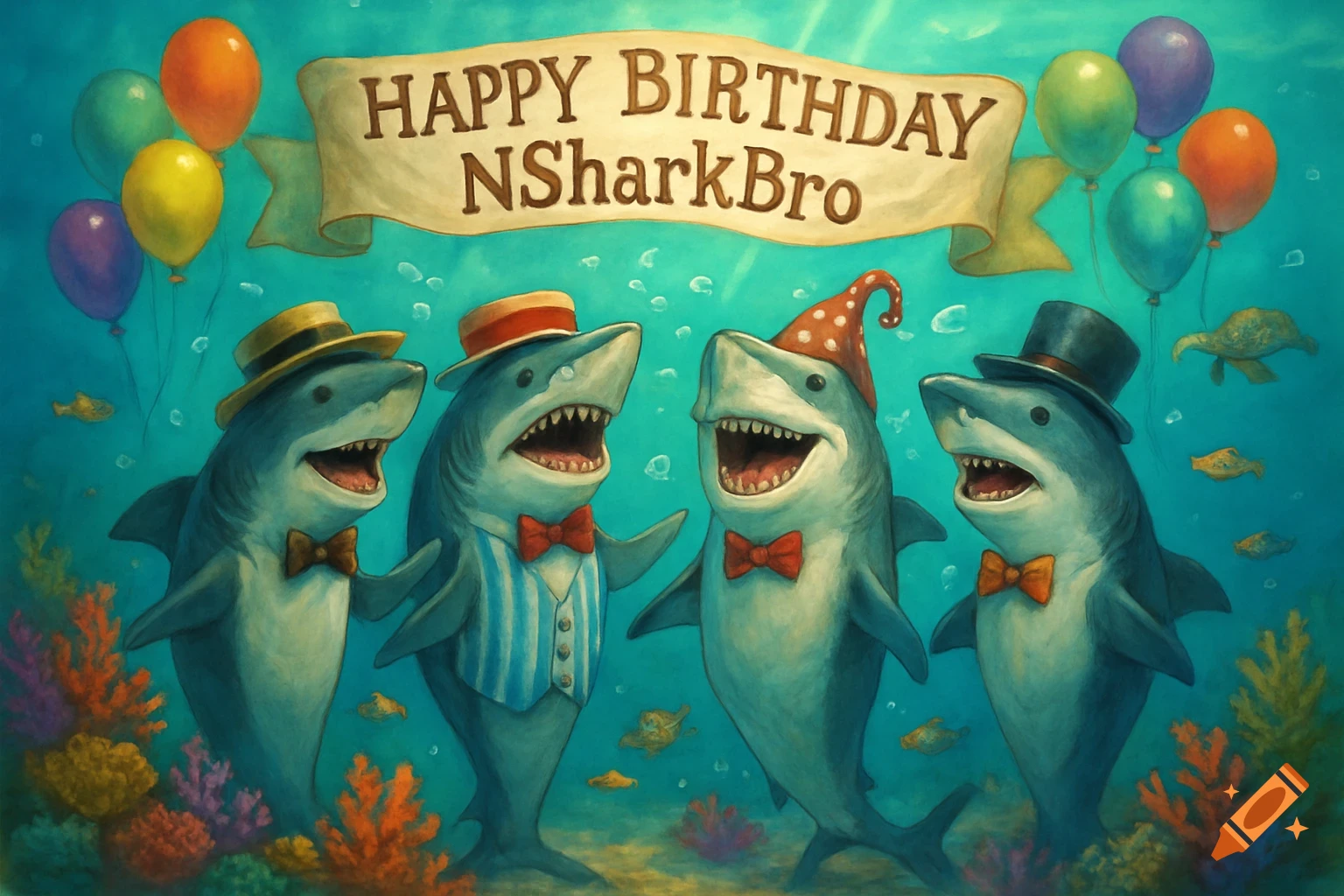 Four cartoon sharks in hats and bow ties sing under a "HAPPY BIRTHDAY NSharkBro" banner underwater with balloons and coral.