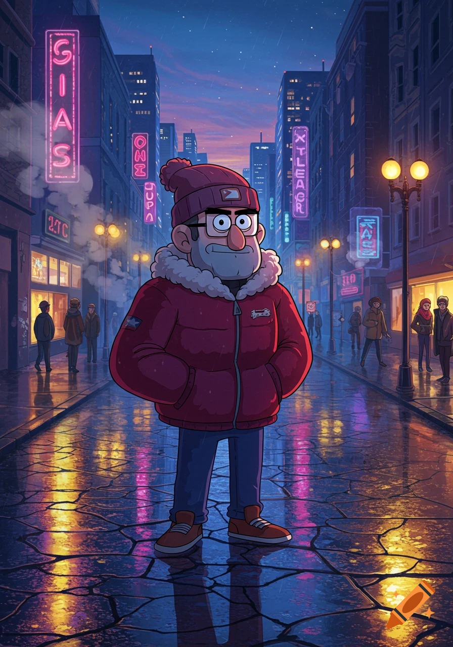 A cartoon character resembling Grunkle Stan from Gravity Falls stands on a wet, neon-lit city street at dusk.