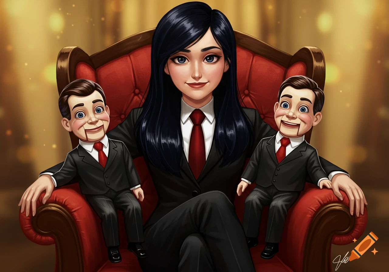 An animated woman with dark hair in a suit and tie sits in a red armchair, holding two ventriloquist dummies on her lap, all smiling.