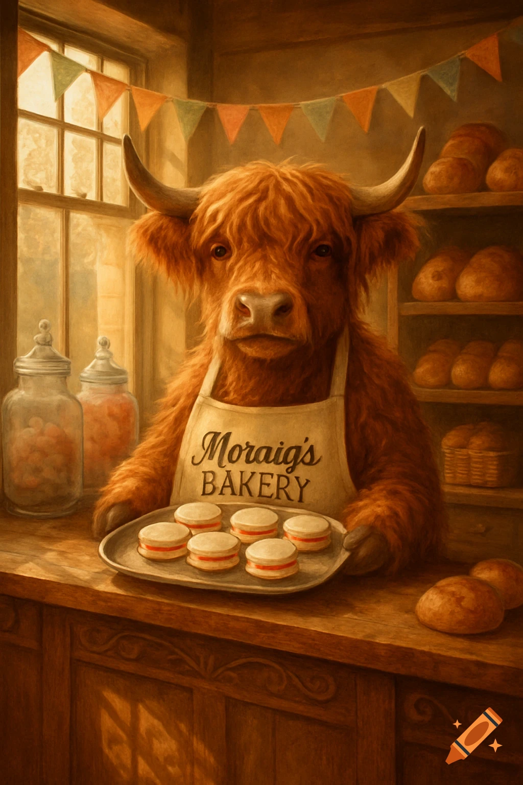 A shaggy Highland cow wearing an apron that reads "Morais's Bakery" holds a tray of biscuits in a warmly lit bakery. Painted style.