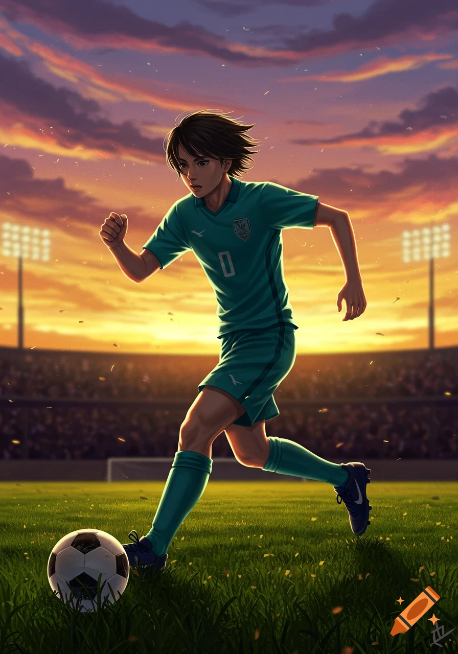 An anime-style boy in a green soccer uniform kicks a ball on a grassy field at sunset in a stadium.