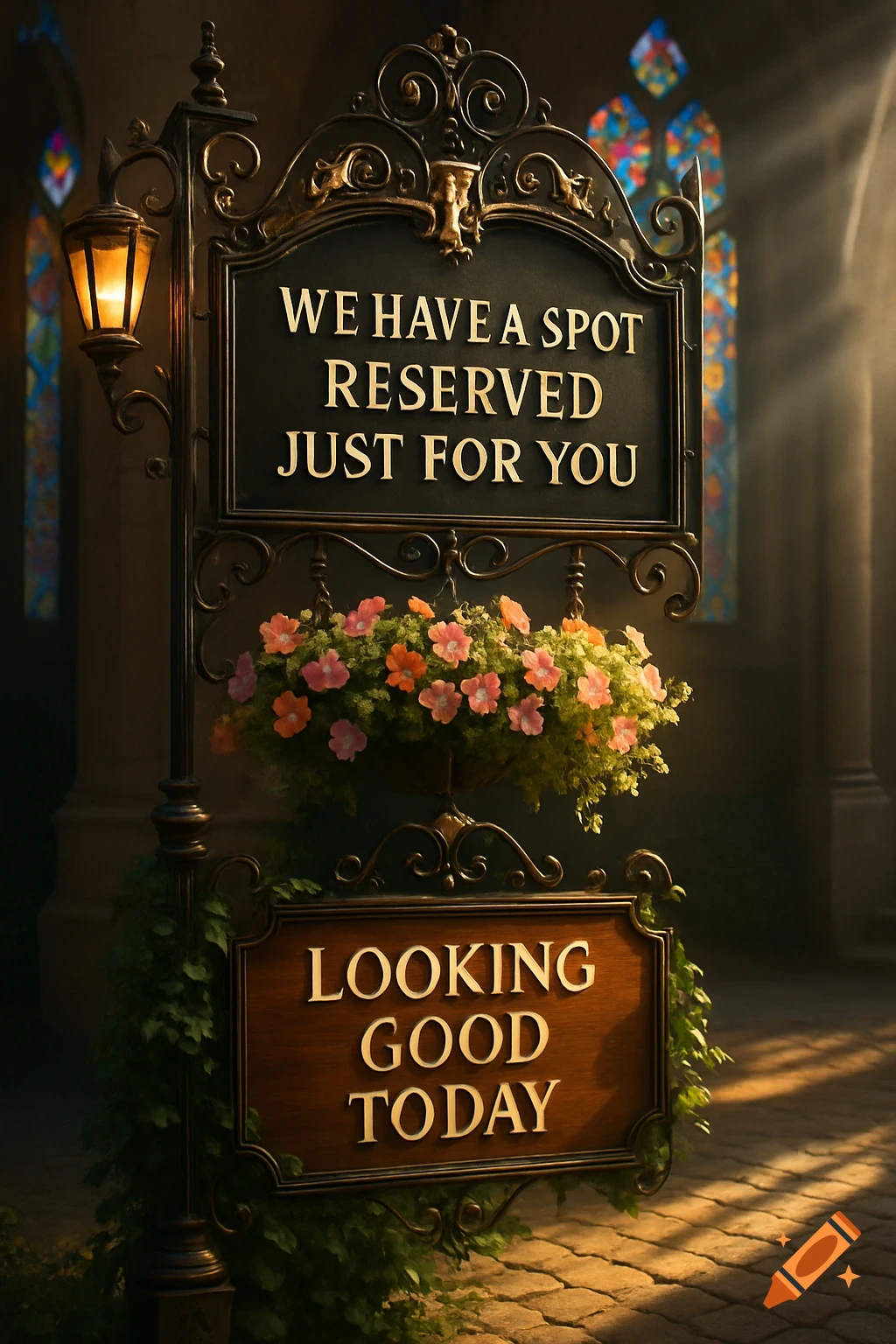 A decorative metal signpost with a lantern and a hanging flower basket. The top sign reads "WE HAVE A SPOT RESERVED JUST FOR YOU," and the bottom reads "LOOKING GOOD TODAY." Stained glass windows are visible in the background.