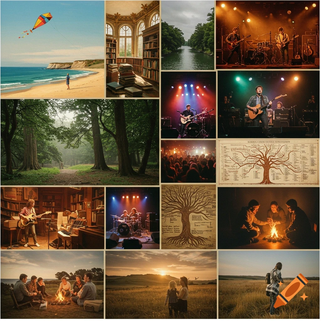 A vibrant collage featuring diverse scenes including a beach, a library, forests, music concerts, a family tree diagram, and people gathering around campfires or in fields.