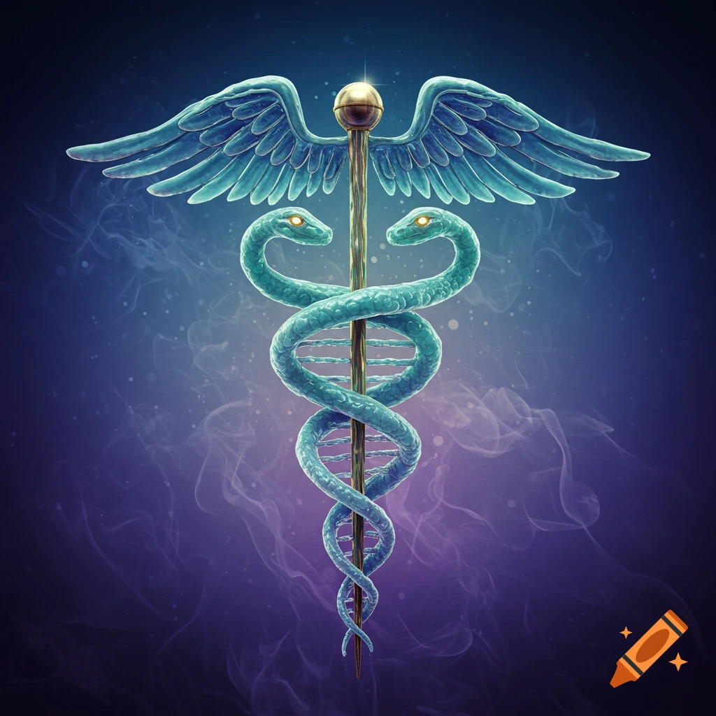 A stylized Caduceus symbol with two blue-green snakes forming a double helix around a golden staff and wings, set against a smoky purple-blue background.