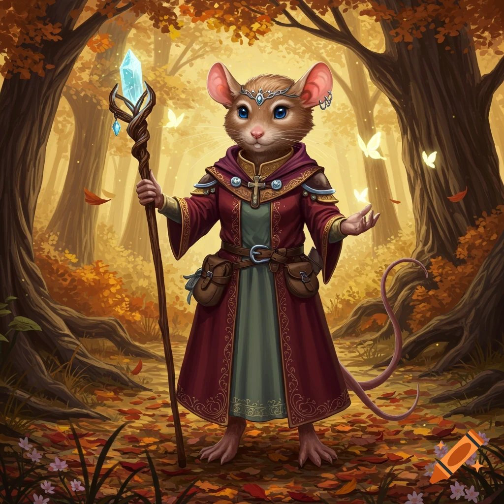 An anthropomorphic mouse cleric wearing a red and green robe, holding a glowing staff, stands in an autumn forest.