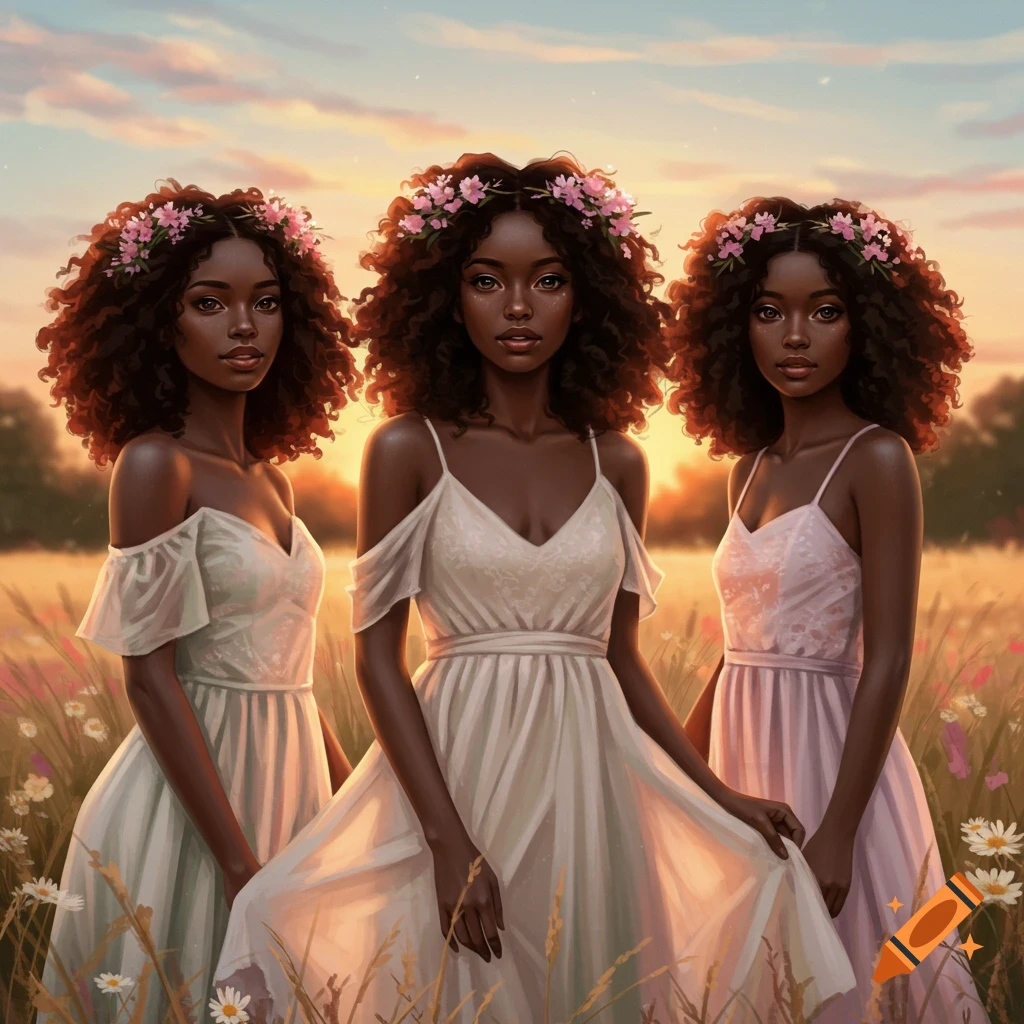 Three beautiful young women with curly dark hair and flower crowns stand in a field at sunset wearing light-colored dresses.
