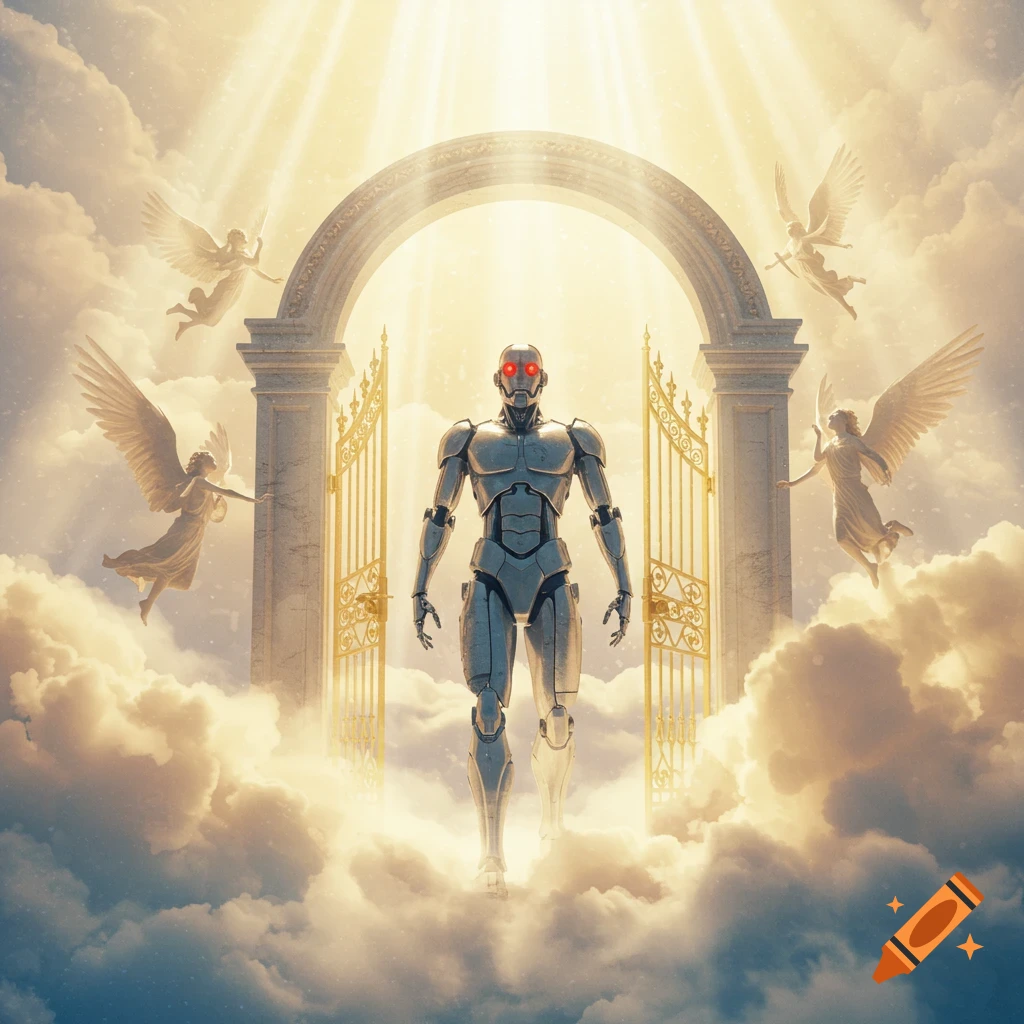 A metallic robot with glowing red eyes stands at ornate golden gates, surrounded by glowing clouds and four angels, under bright heavenly light.