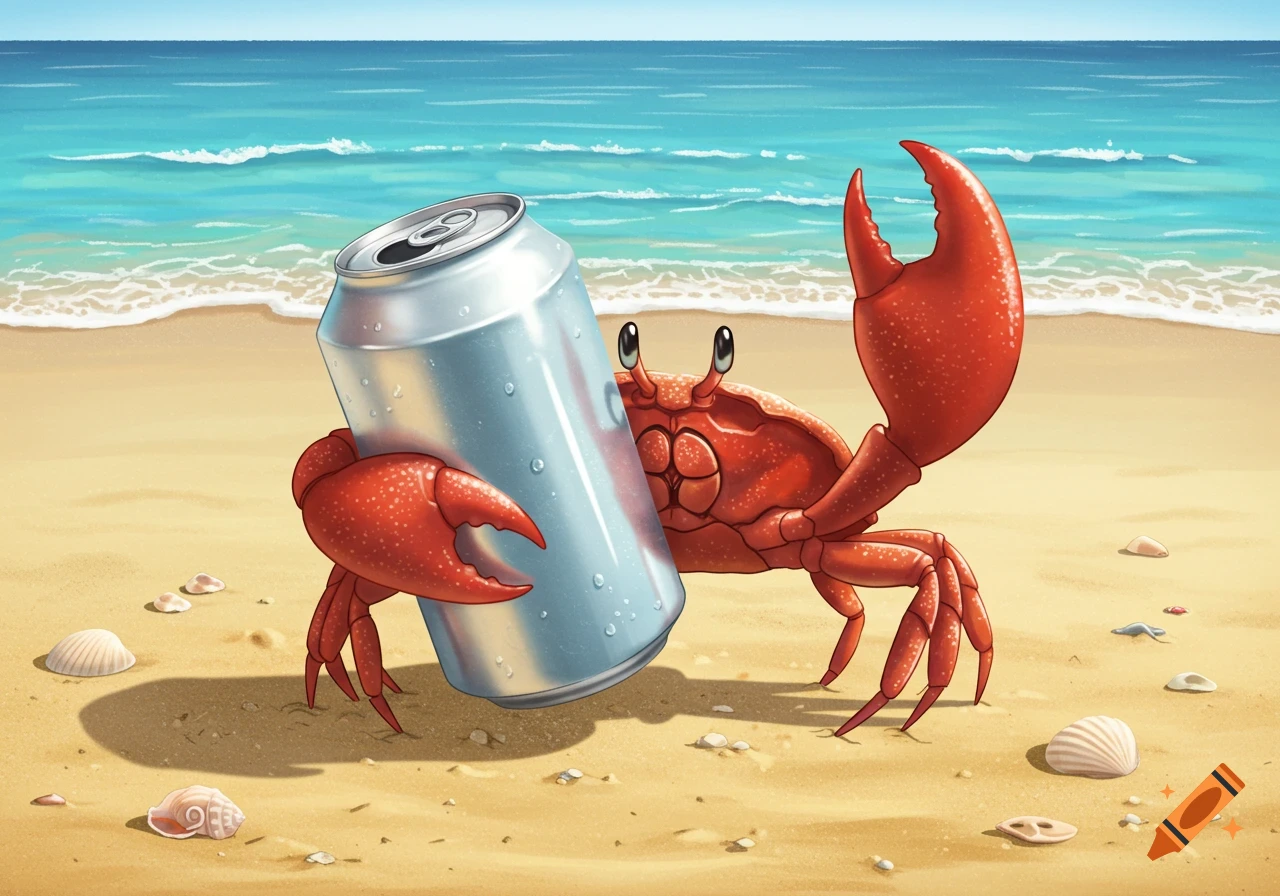 A cartoon red crab holds a silver soda can on a sandy beach next to the ocean.