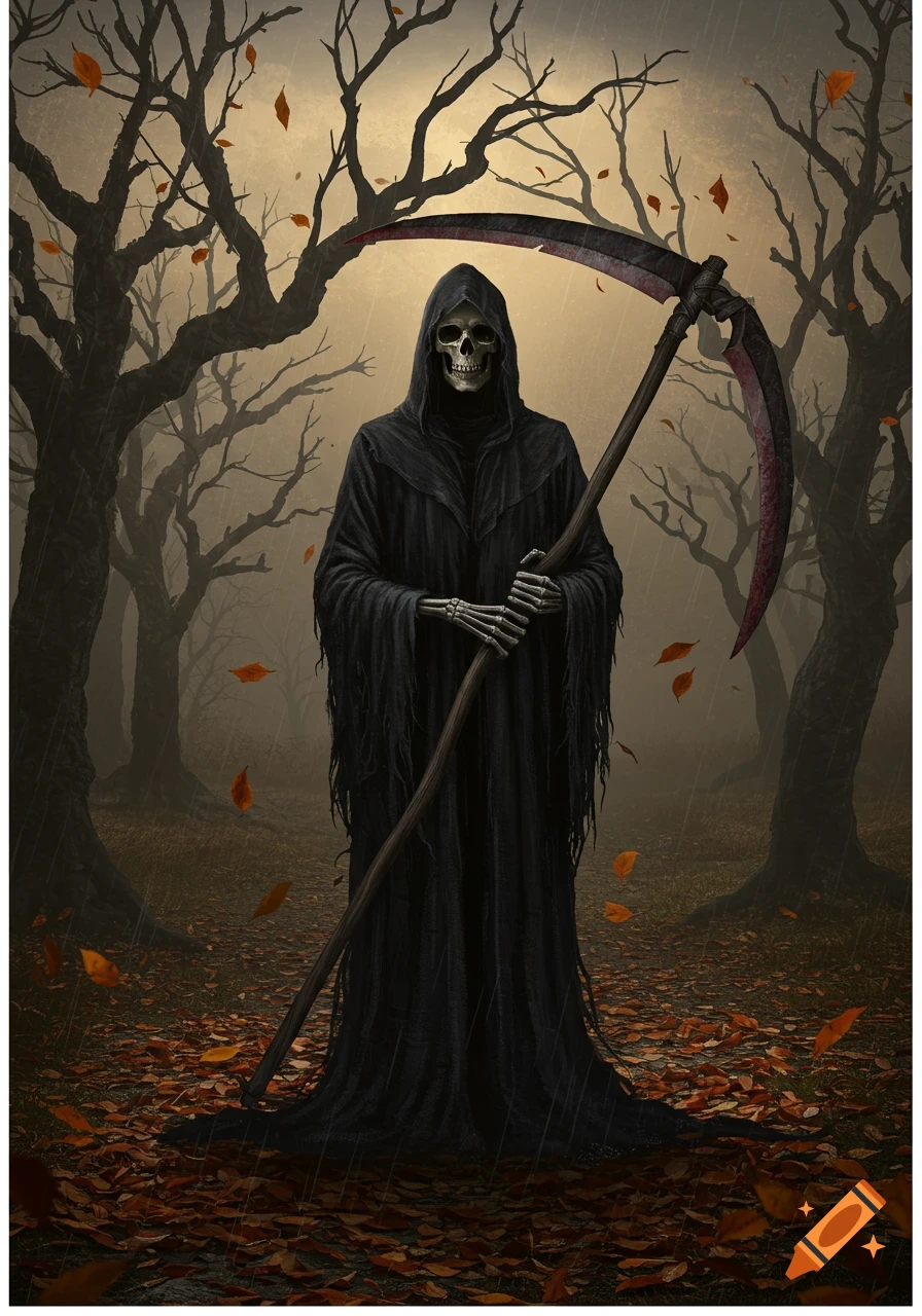 A somber Grim Reaper in a black hooded robe stands with a large scythe in a dark, rainy autumn forest with fallen leaves, in a stylized illustration.