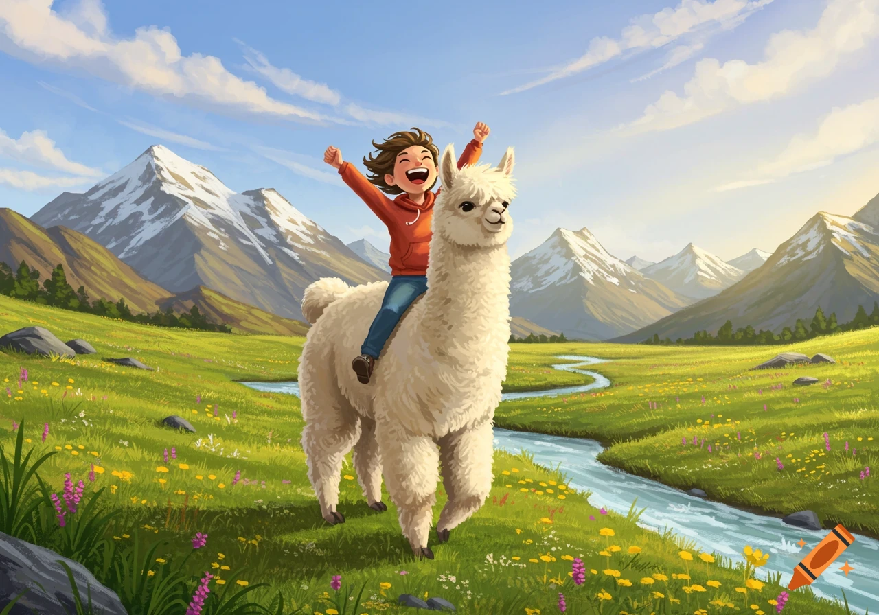 A happy child with raised arms rides a white alpaca through a vibrant meadow with a river, flowers, and snow-capped mountains, in an illustration.