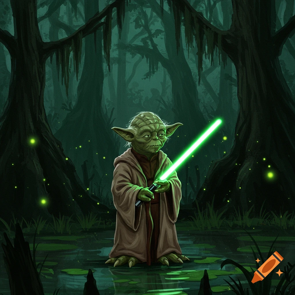 An illustration of Yoda holding a green lightsaber in a dark, misty swamp with glowing green lights.