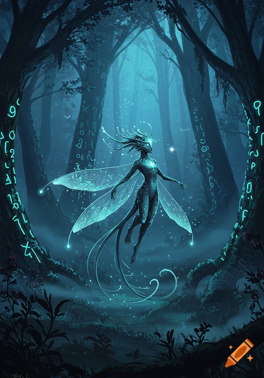 A glowing, ethereal fairy with large translucent wings floats in a dark, mystical forest surrounded by trees with glowing, runic symbols.