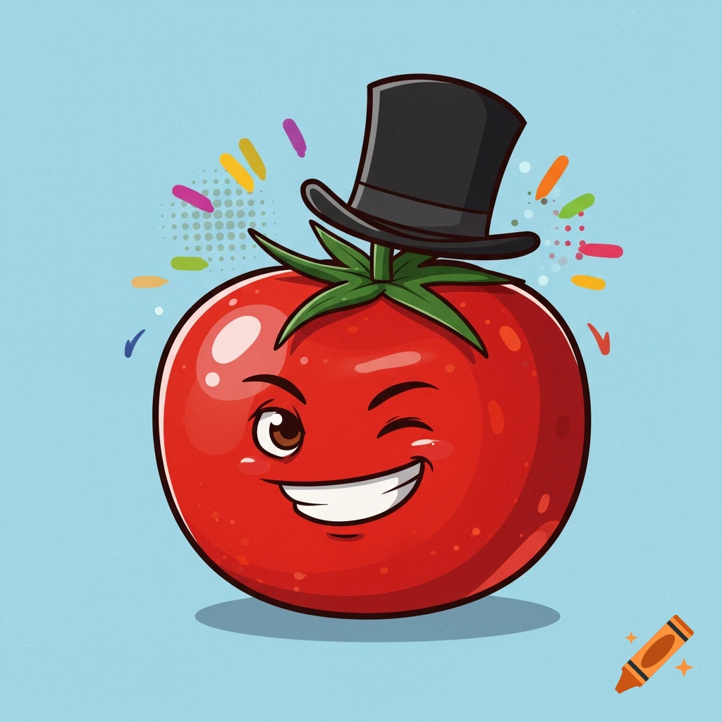 Cartoon red tomato with a sarcastic grin, winking one eye and wearing a black top hat, with colorful confetti.