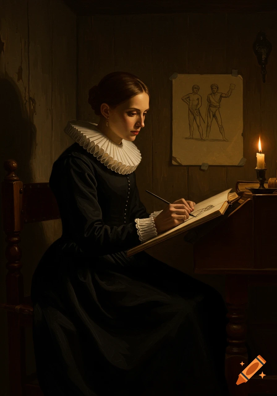 A woman in a black dress with a white ruff sketches in a book by candlelight in a dark room. A sketch of nude figures hangs on the wall.